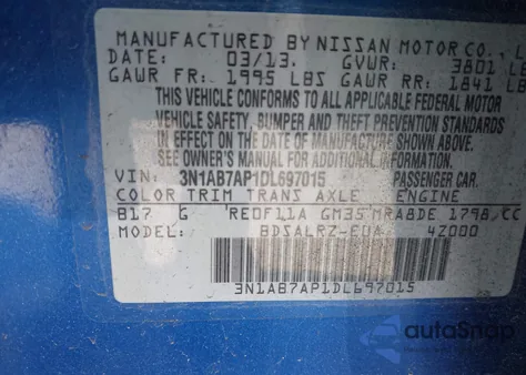 2013 Nissan Sentra Sr z USA, uszkodzony, nr VIN 3N1AB7AP1DL697015